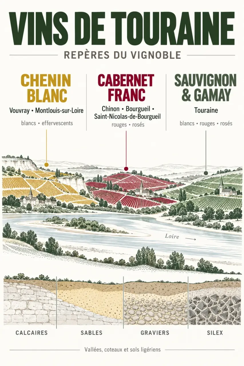 Infographie du vin de Touraine avec appellations, cépages et terroirs