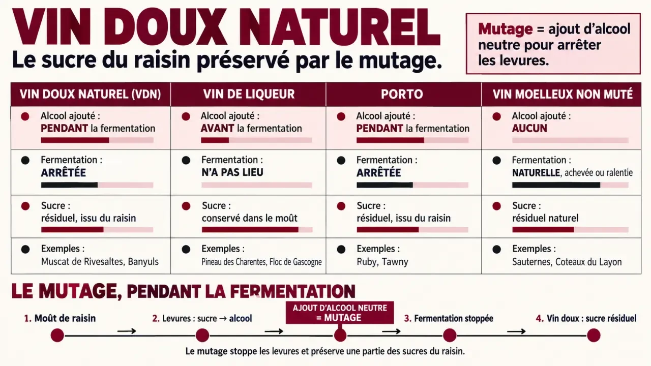 Infographie sur le vin doux naturel et les différences entre vins mutés et vins moelleux