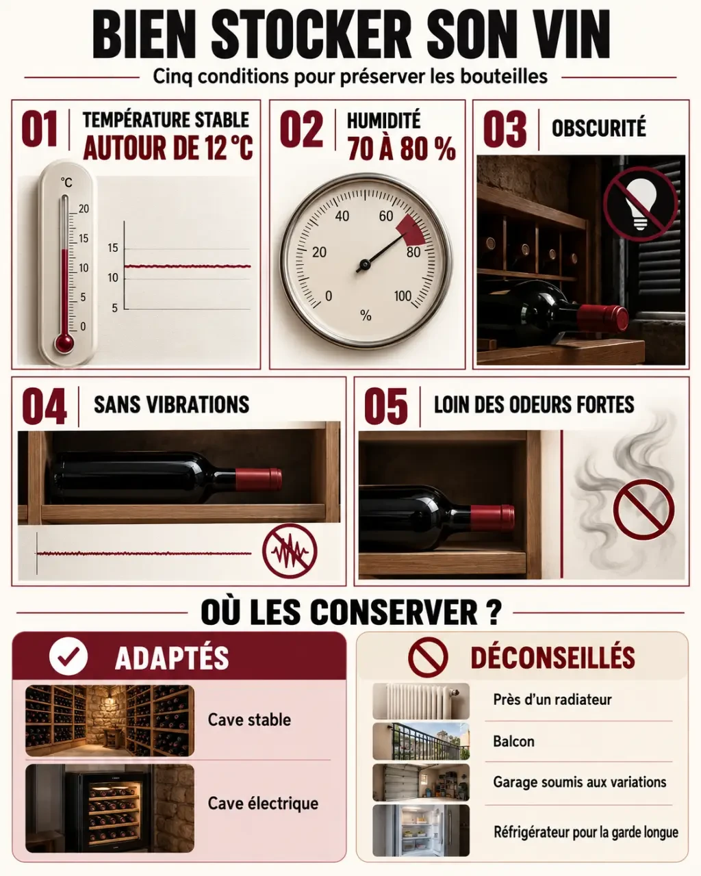 Infographie sur le stockage vin : température, humidité, obscurité et emplacement adapté