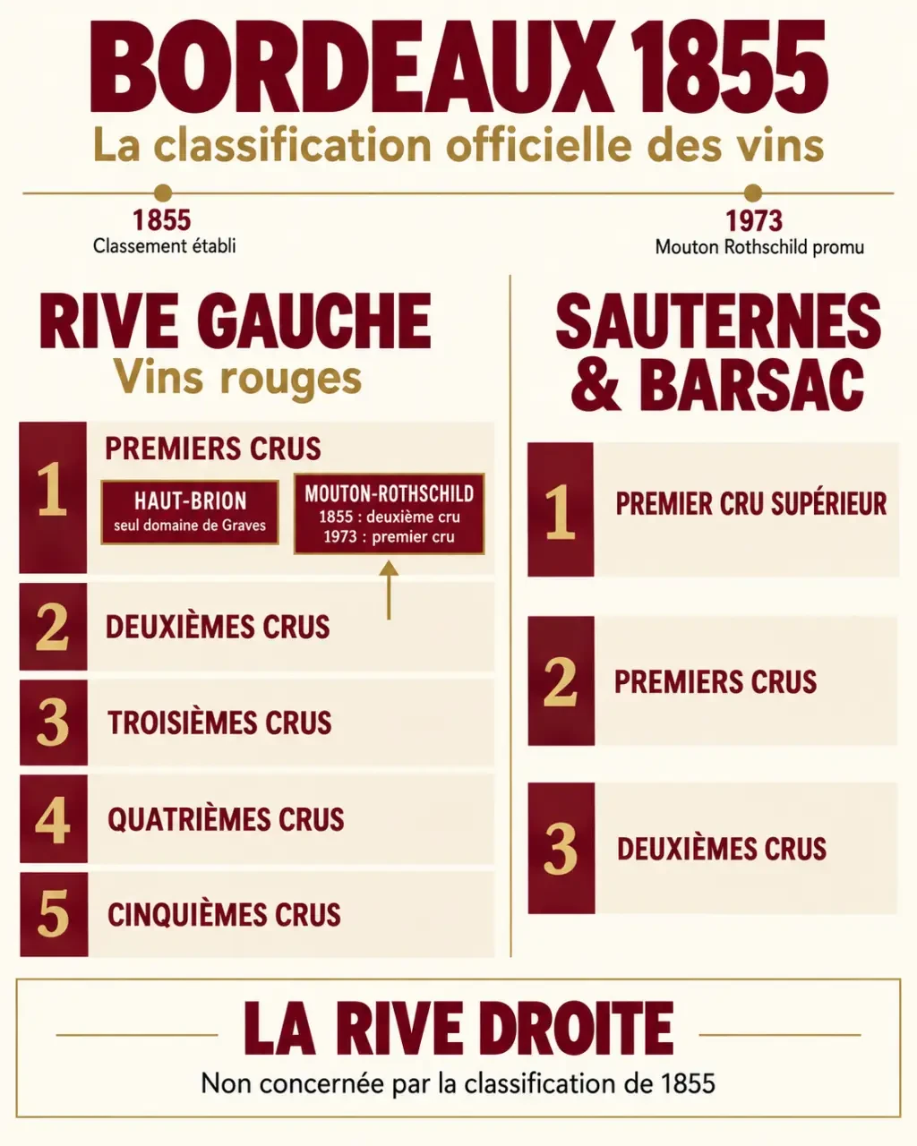 Infographie de la classification officielle des vins de Bordeaux de 1855 avec niveaux, appellations et dates clés