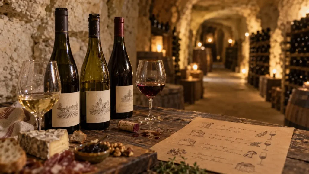 Vin de touraine en cave, bouteilles et accords sur table en bois