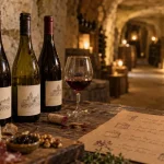 Vin de touraine en cave, bouteilles et accords sur table en bois