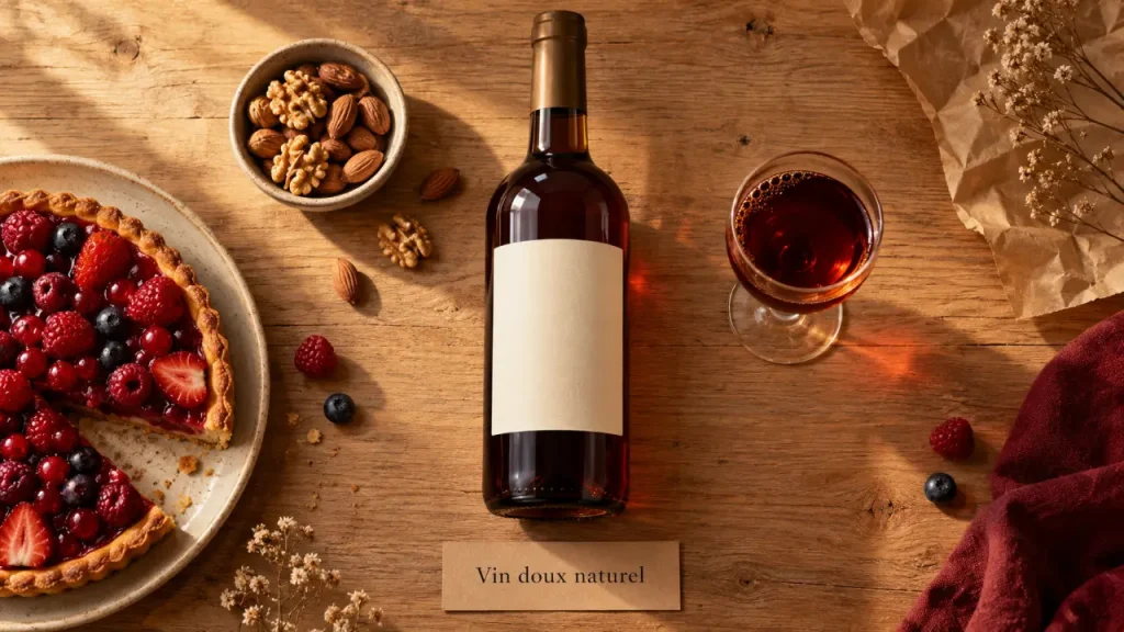 Vin doux naturel : sucre du raisin, bouteille et verre rouge